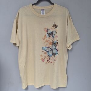 Vintage Jerzees Heavyweight Blend Butterfly Graphic T-Shirt 2XL Cream/Tan Y2K.